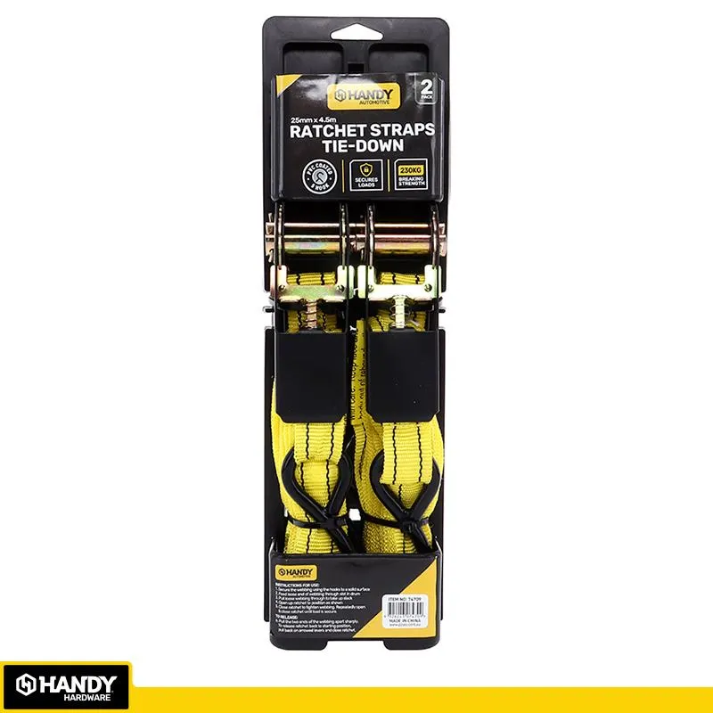 [74709] Handy Ratchet Tie Down Yellow 4.5m x 25mm Max Weight 230kg 2pc