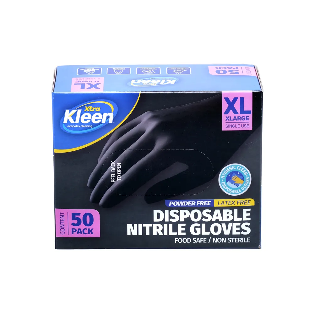 Kleen Gloves Powder Free Disposable - Nitrile - Black - XLarge 50pk (Length 245mm x Palm Width 110mm x Thickness 0.10mm)