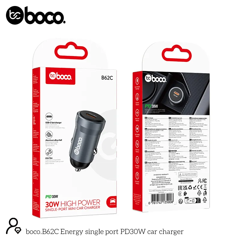 boco. B62C USB-C Single Port PD30W Car Charger Metal Gray