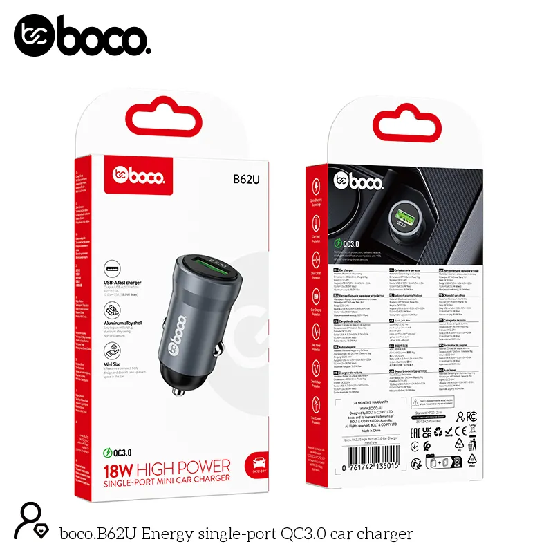 [B62U] boco. B62U USB Single Port QC3.0 Car Charger Metal Gray