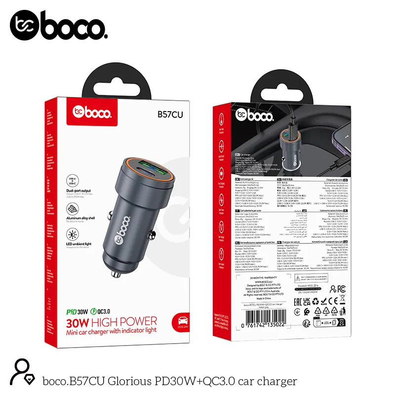 [B57CU] boco. B57CU Dual Port PD30W+QC3.0 Car Charger Metal Gray