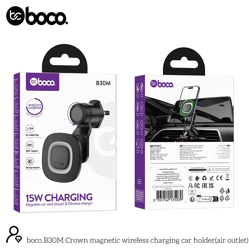 boco. B30M Magnetic Wireless Charging Car Holder (air vent) Black
