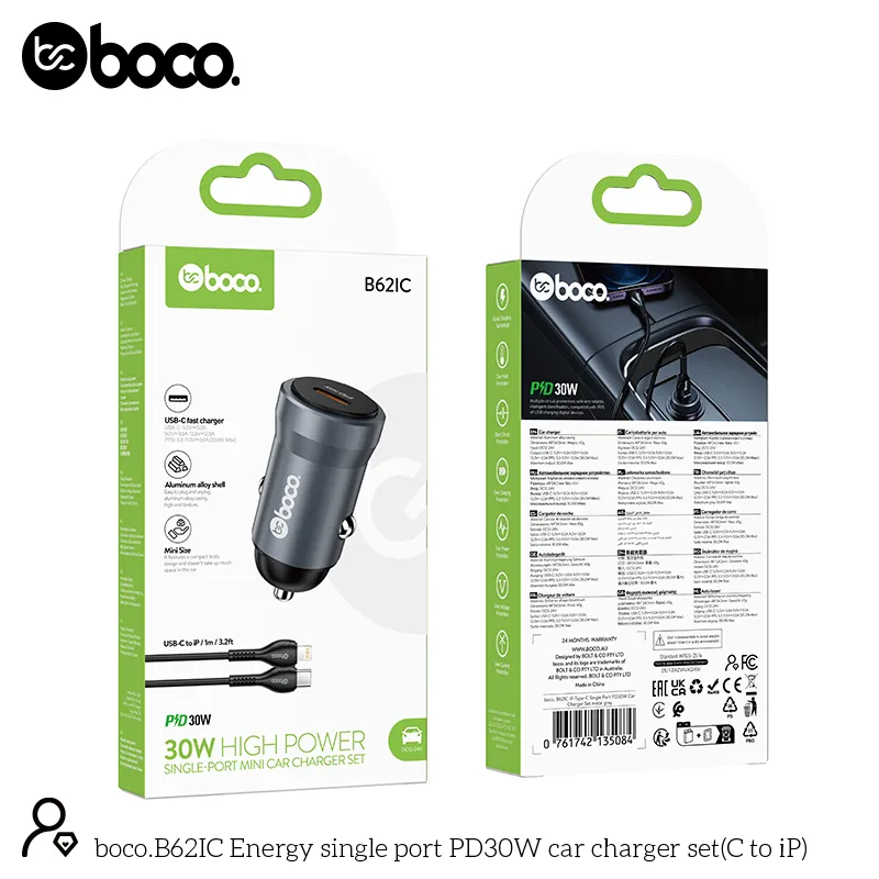 [B62IC] boco. B62IC Type C-IP Single Port PD30W Car Charger Set Metal Gray