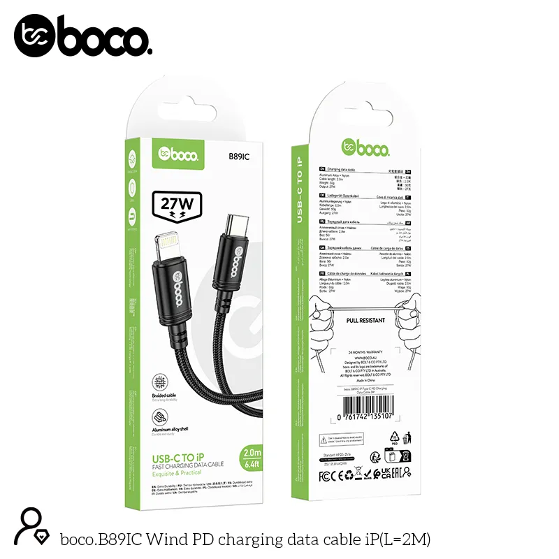 boco. B89IC Type C-IP PD Charging Data Cable 2M Black