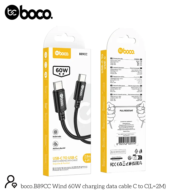 boco. B89CC Type C-C 60W Charging Data Cable 2M Black