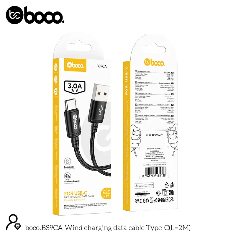 boco. B89CA Type C Charging Data Cable 2M Black