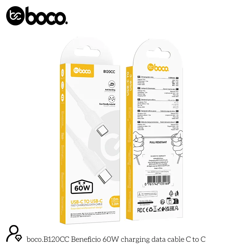 boco. B120CC Type C-C 60W Charging Data Cable White