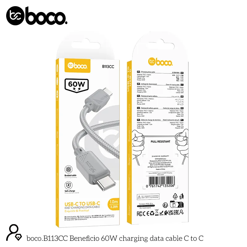 boco. B113CC Type C-C 60W Charging Data Cable Gray