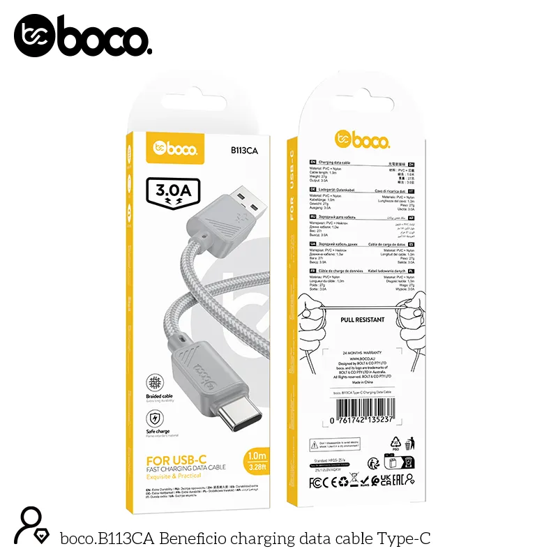 boco. B113CA Type C Charging Data Cable Gray