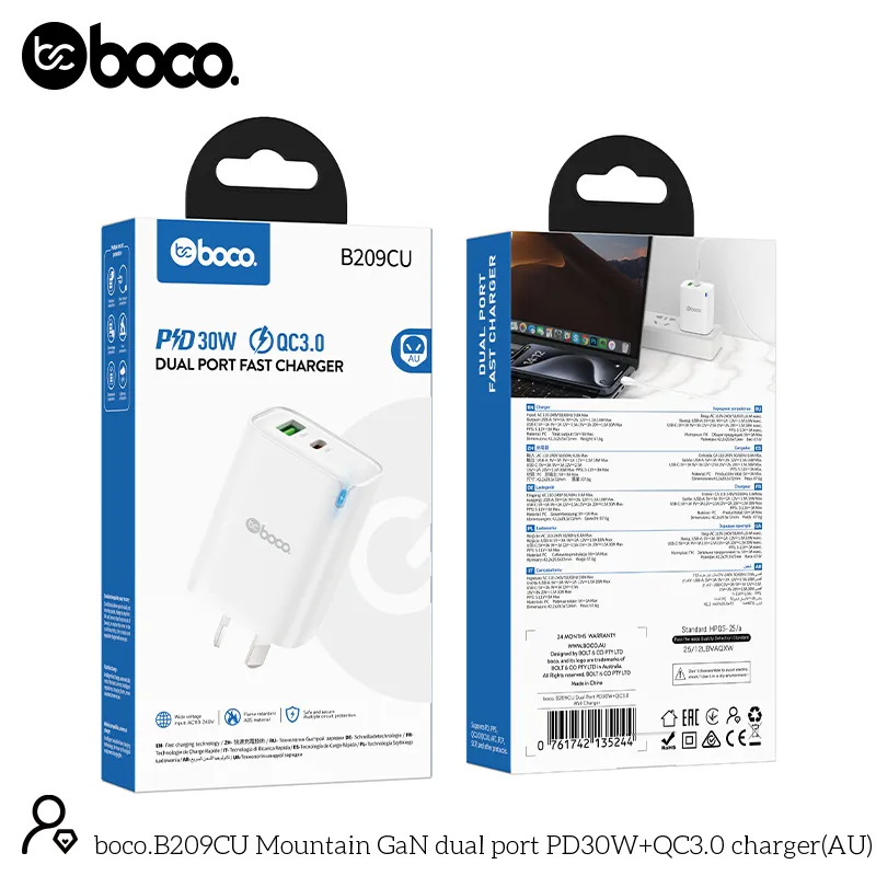 boco. B209CU Dual Port PD30W+QC3.0 Wall Charger White
