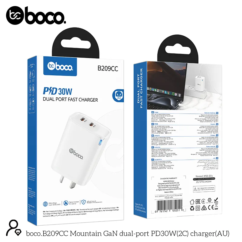 boco. B209C Type C Dual Port PD30W Wall Charger White